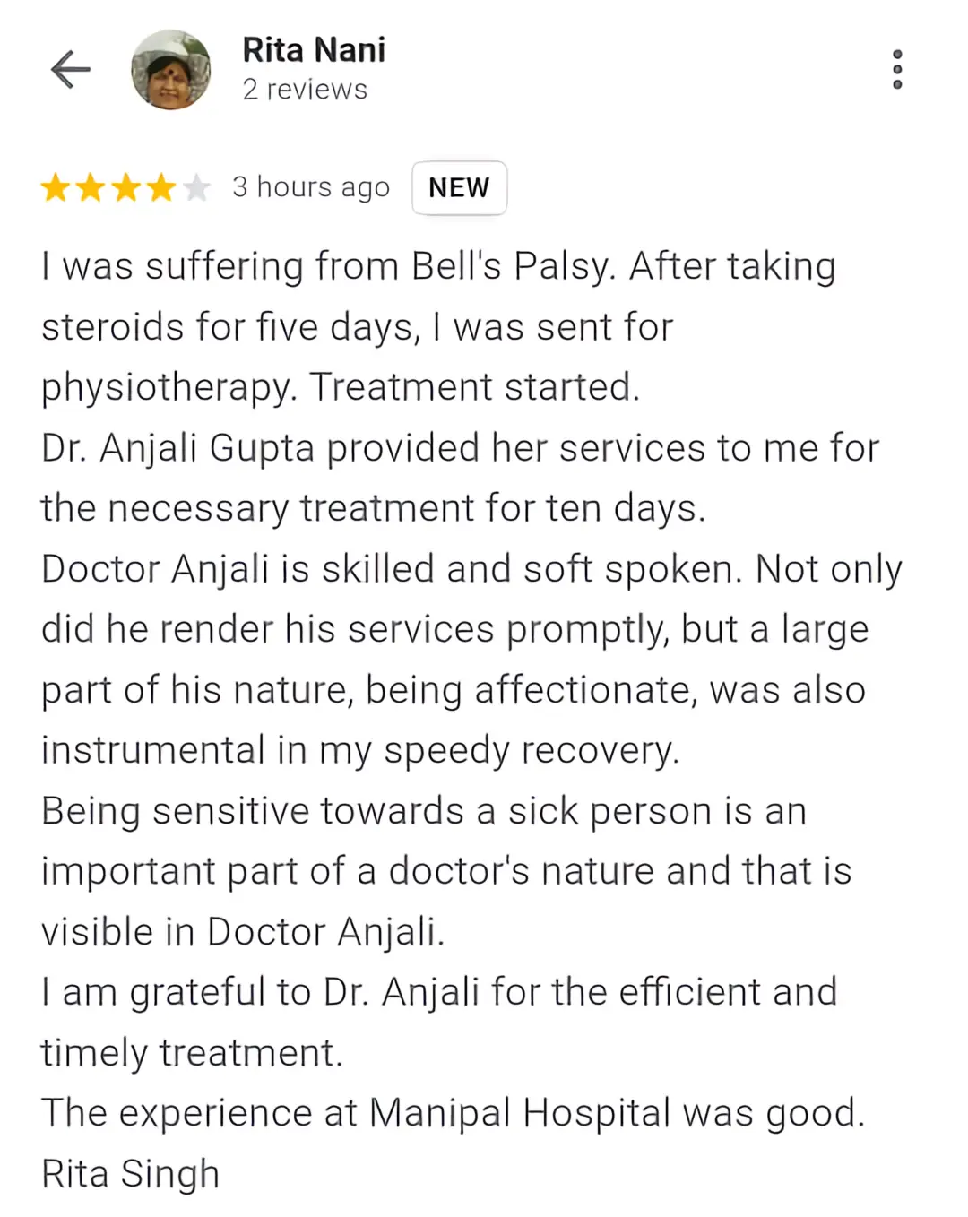 Patient review screenshot 1 for Dr. Anjali's Physiotherapy & Rehab, Wakad, Pune