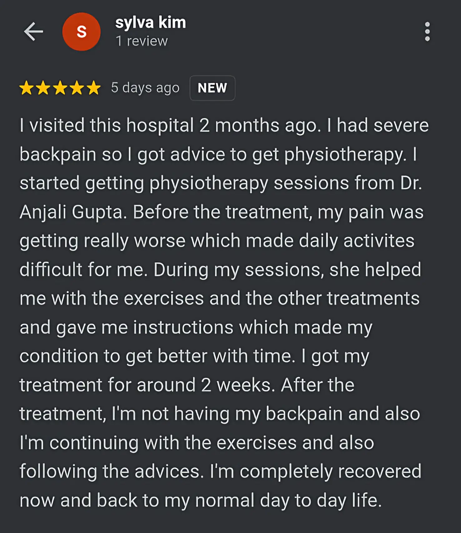 Patient review screenshot 11 for Dr. Anjali's Physiotherapy & Rehab, Wakad, Pune