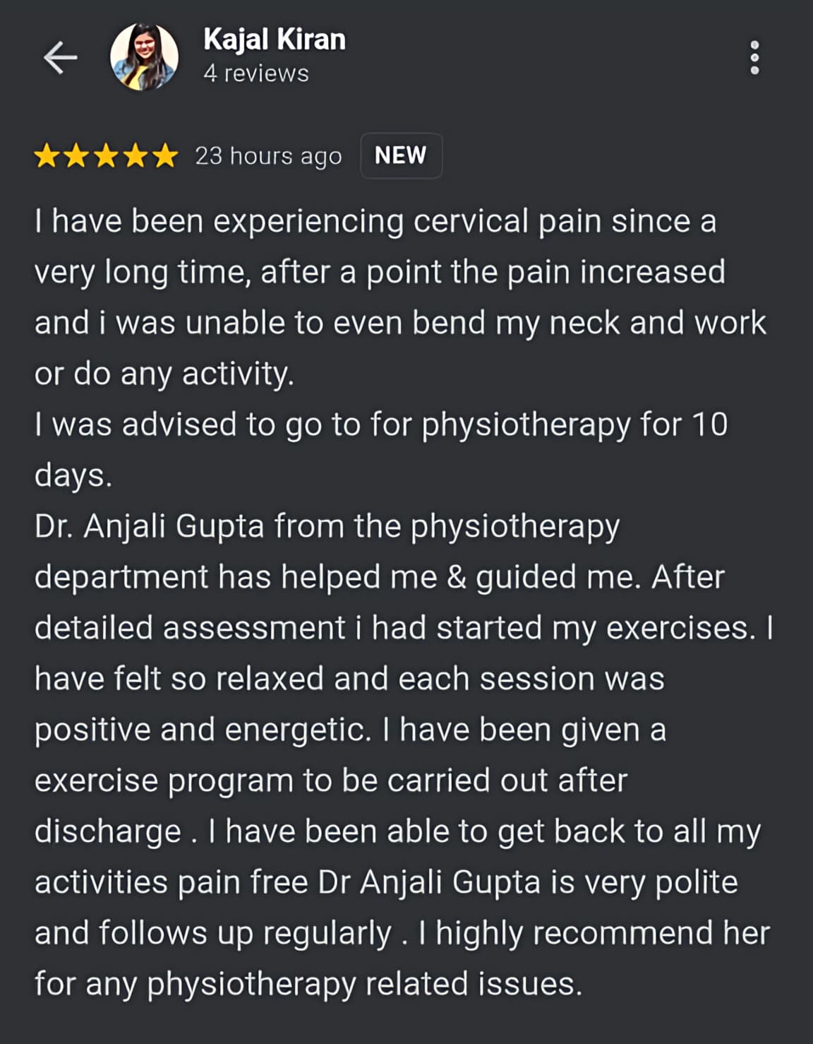 Patient review screenshot 6 for Dr. Anjali's Physiotherapy & Rehab, Wakad, Pune