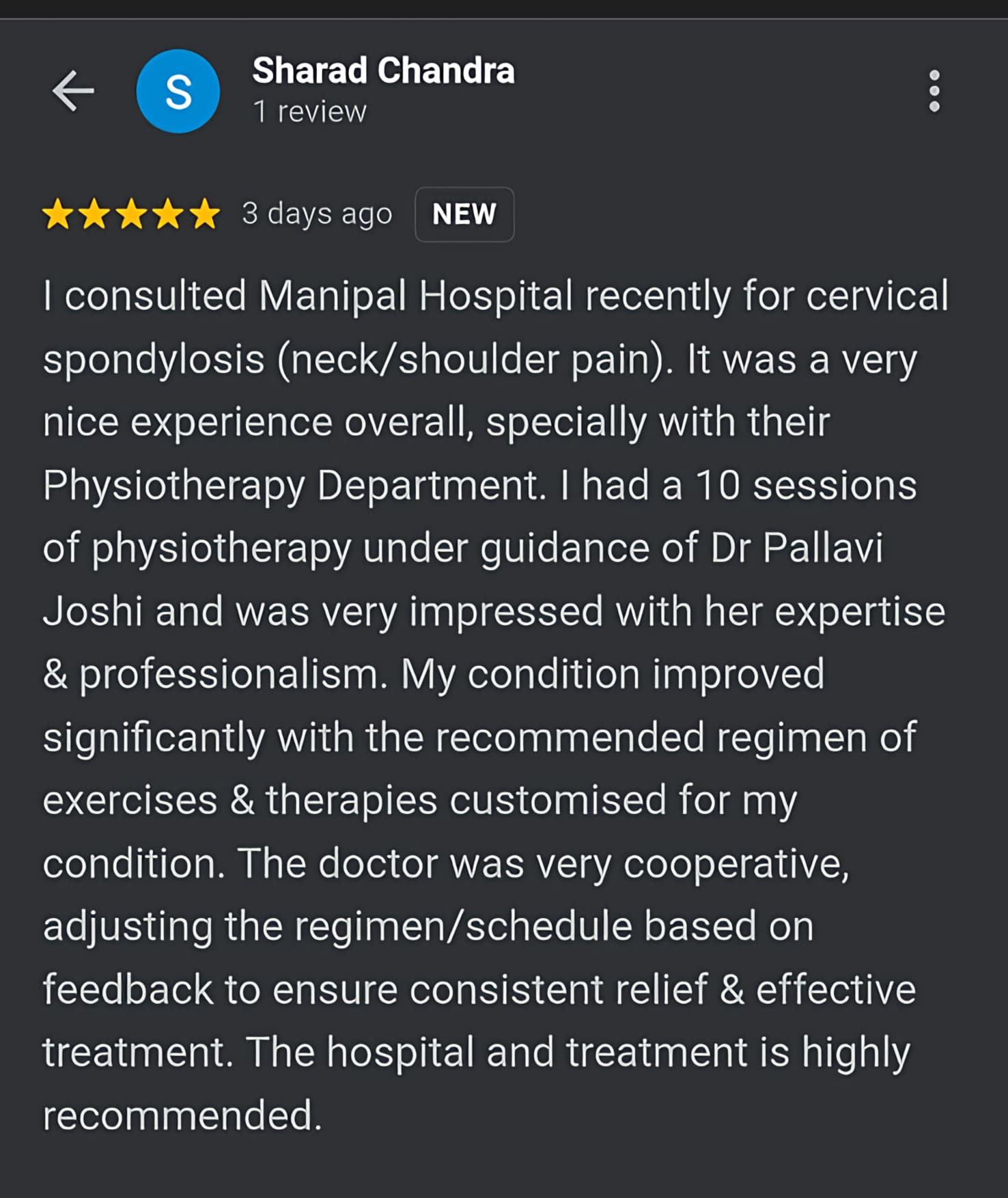 Patient review screenshot 9 for Dr. Anjali's Physiotherapy & Rehab, Wakad, Pune